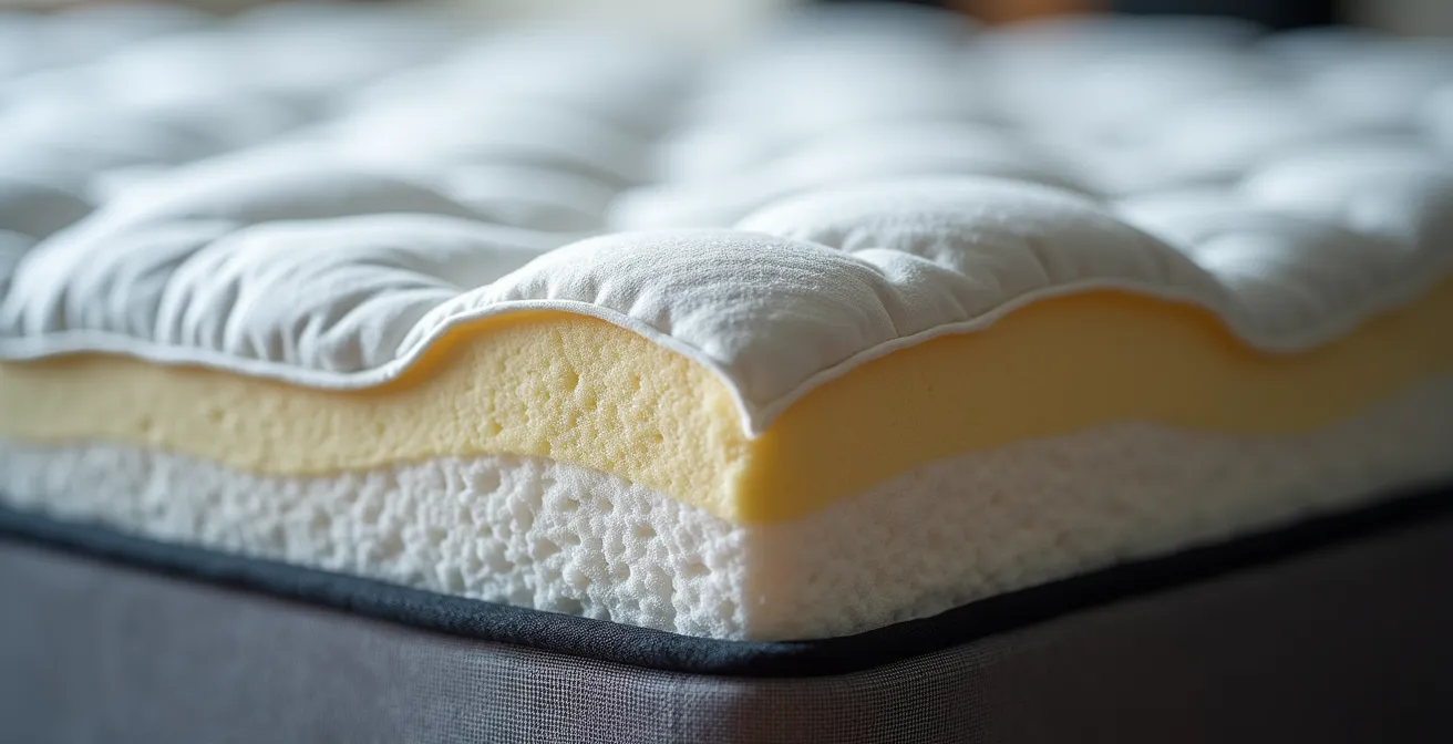 Gros plan sur la surface d'un matelas montrant les différentes zones de soutien
