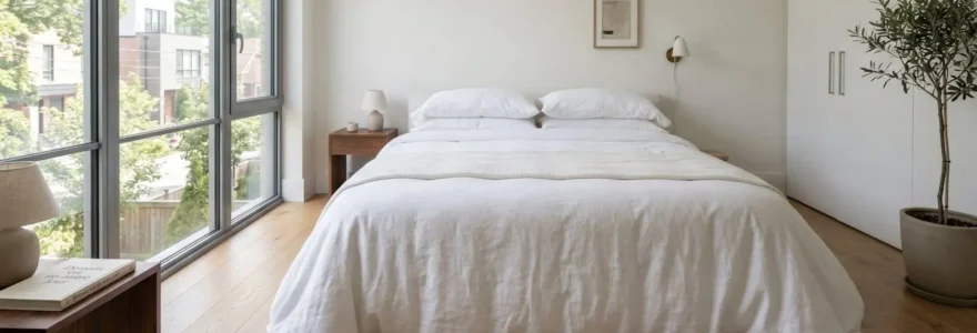 Chambre contemporaine lumineuse avec lit double parfaitement fait, couette blanche à la retombée généreuse tombant harmonieusement sur les côtés