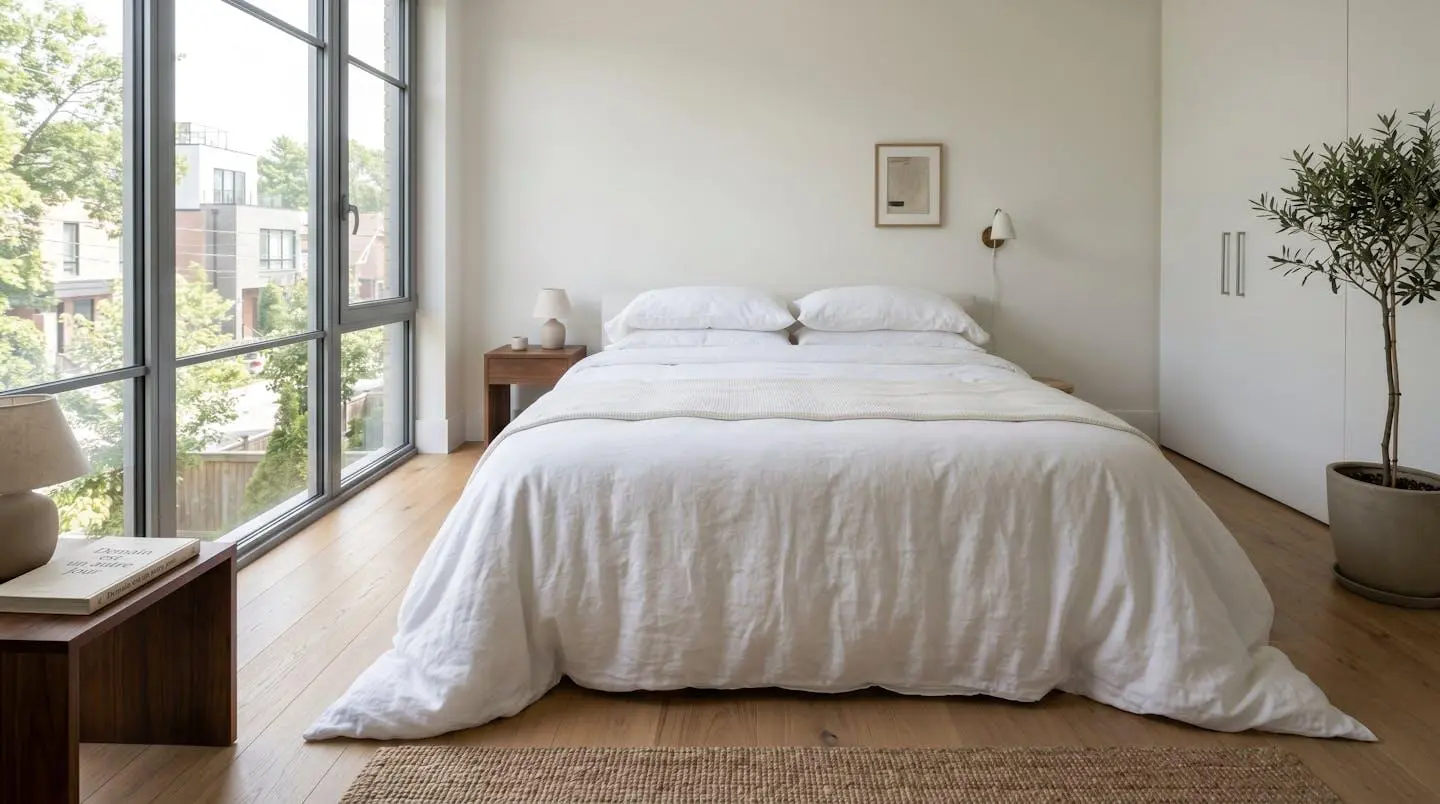 Chambre contemporaine lumineuse avec lit double parfaitement fait, couette blanche à la retombée généreuse tombant harmonieusement sur les côtés