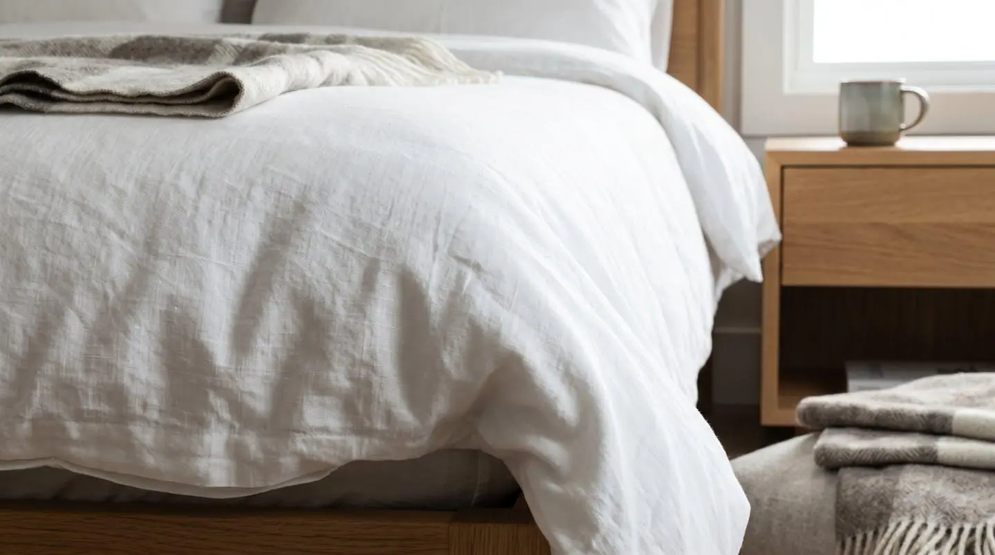 Gros plan sur la retombée d'une couette en coton blanc tombant naturellement sur le côté d'un lit moderne, texture du tissu visible