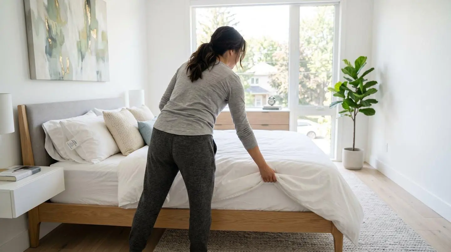 Personne vue de dos en train de border soigneusement une couette blanche sur un lit dans une chambre moderne baignée de lumière douce